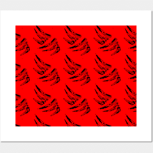 Black feathers on a red background, abstraction Posters and Art